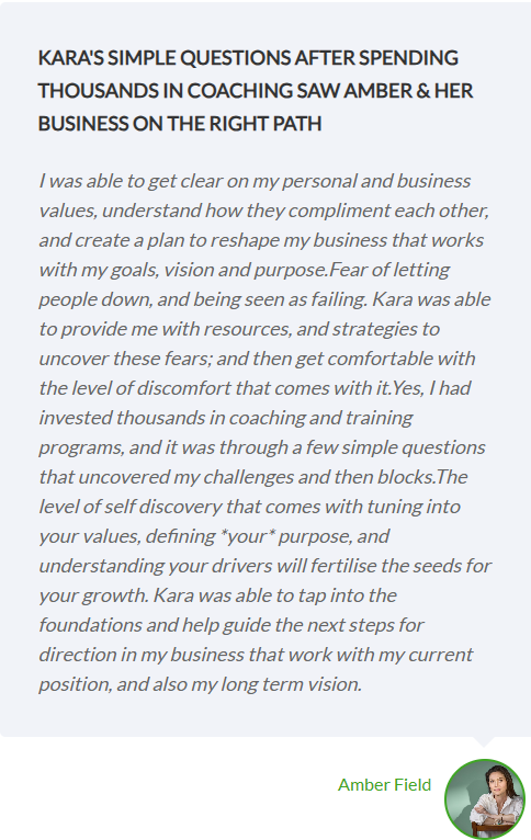 Amber Field's testimonial on coaching highlights finding purpose and achieving personal and business growth. By aligning values, using strategies, and addressing fears, she transformed her goals into a vivid long-term vision.